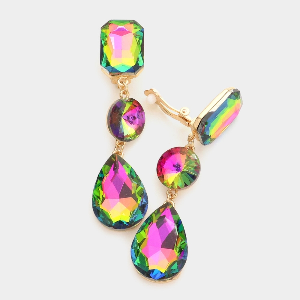 Vitrail Dangle Crystal Clip On Earrings 3 Inch Triple Tear Drop ClipOns Jewelry